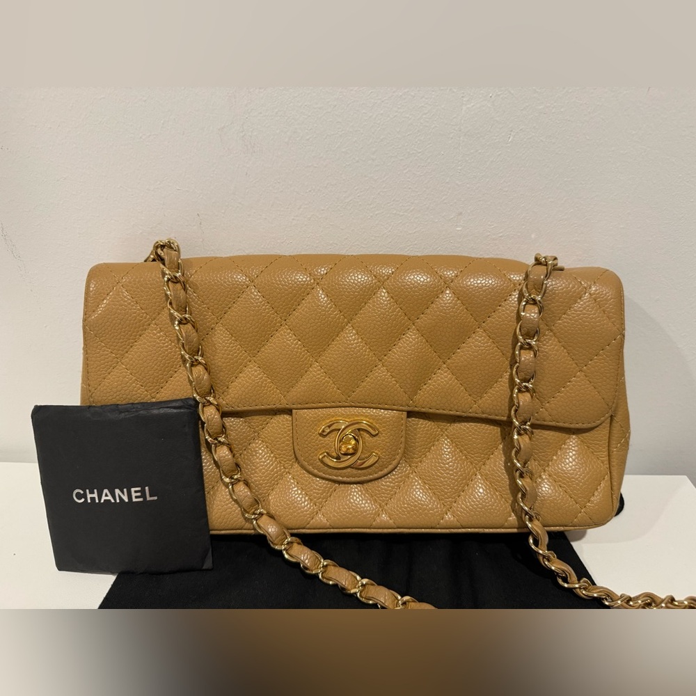 CHANEL Classic Tan Quilted Caviar Leather Shoulder Bag with Gold Hardware